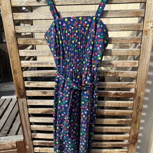 Vintage 1980s Strawberry Print Sundress • Navy Blue Pleated Bodice • Belted Midi